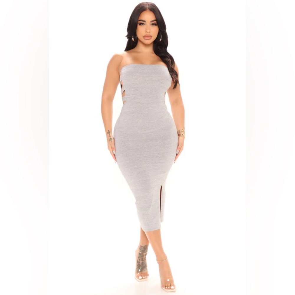 Fashion Nova Heather Grey Strapless Tube Side Cut Outs Midi Dress with Slit